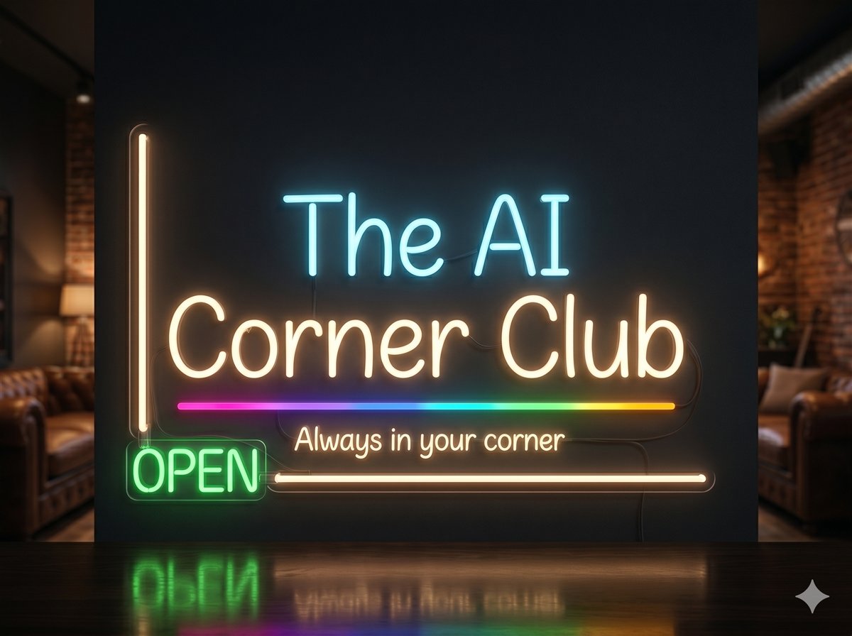 The AI Corner Club neon sign - always in your corner