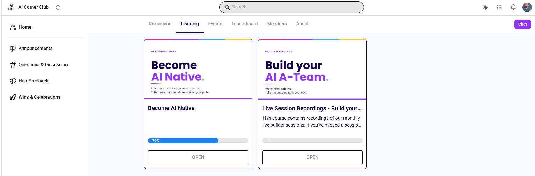 Inside the AI Corner Club member platform - courses, discussion and monthly live builds