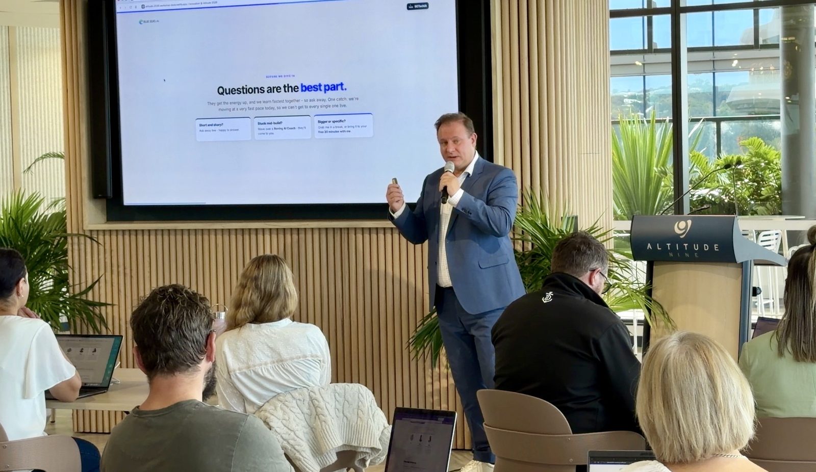 Bart Puszko presenting to 36 business leaders at the Sunshine Coast Council and Sunshine Coast Tech Industry Alliance AI workshop, Altitude 9, June 2026