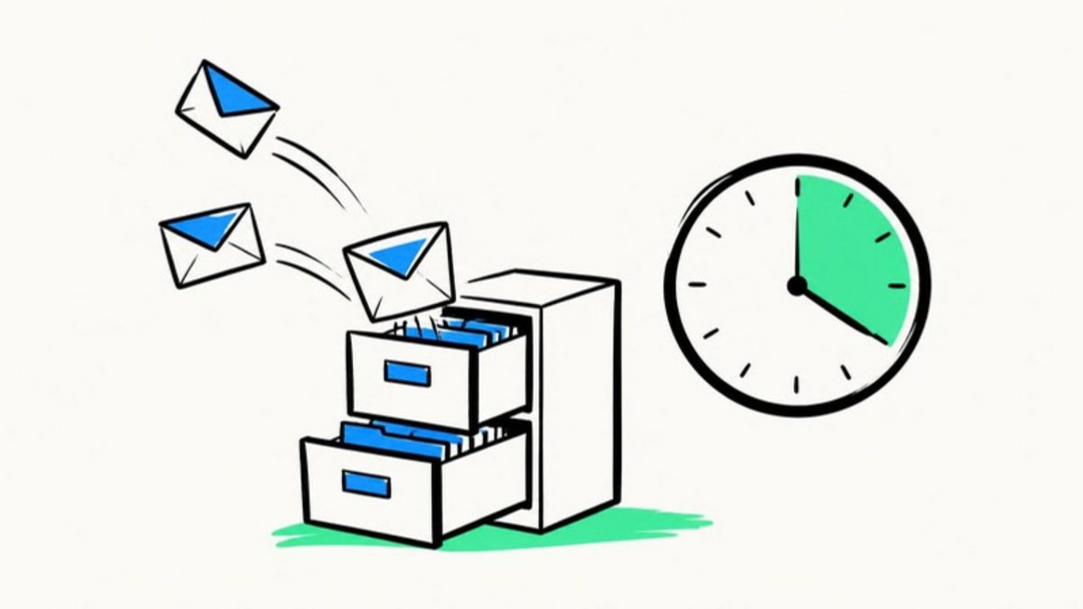 A drawing of envelopes flying into a filing cabinet by themselves, beside a clock with a third of its face handed back in green