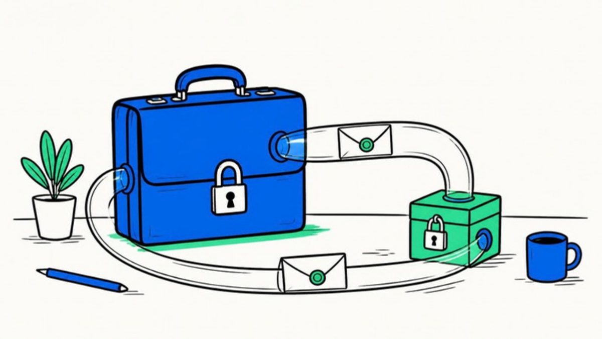 A drawing of a locked briefcase with a sealed envelope travelling through a clear tube to a small locked box and back