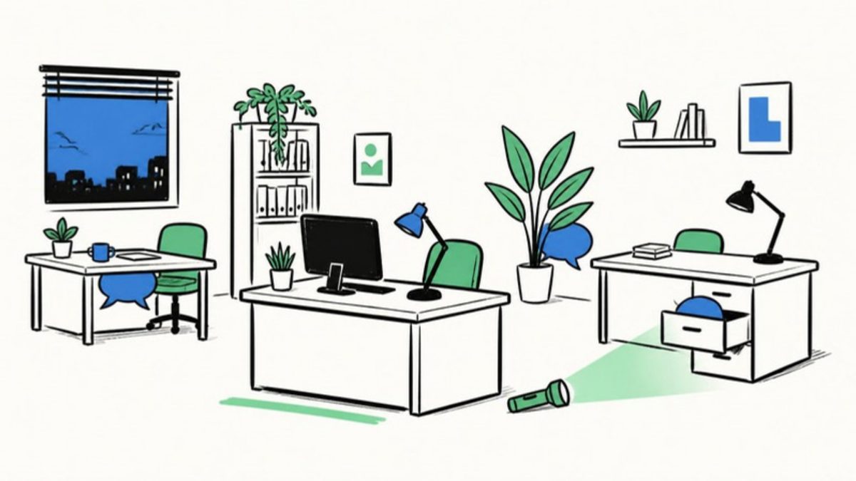 A drawing of a small office at dusk, with speech bubbles peeking out from under the desks and a torch beam finding one
