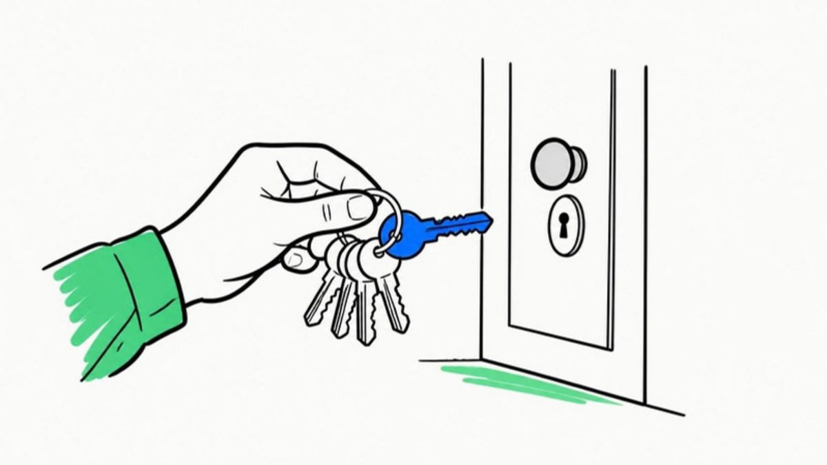 A drawing of a hand holding a ring of keys at a door, with the one blue key held out to the lock