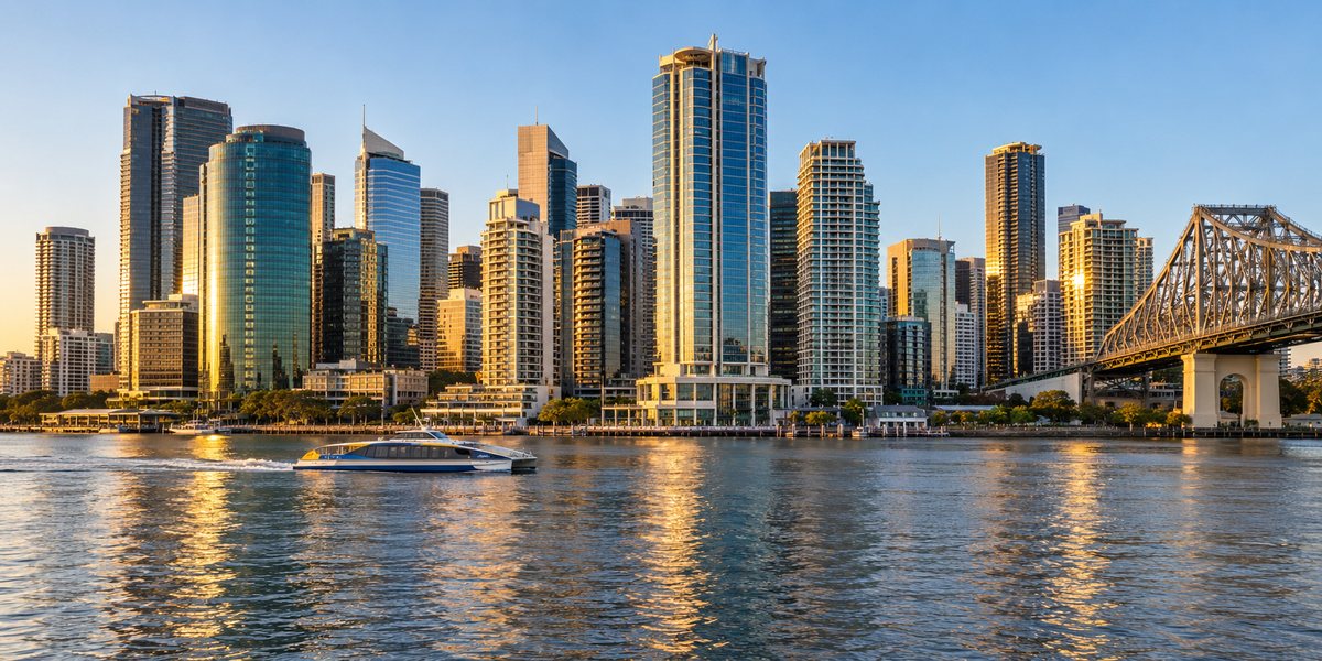 The Brisbane city skyline across the river in late afternoon light