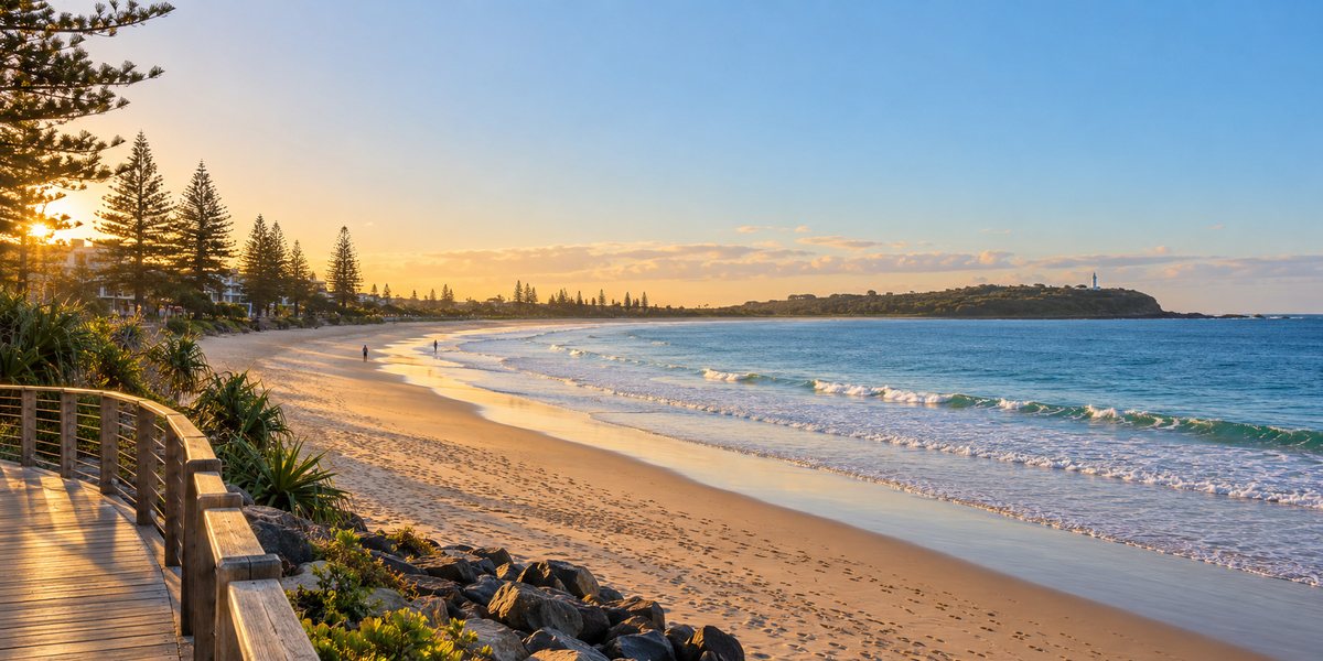 A Sunshine Coast beach at sunrise, seen from the boardwalk