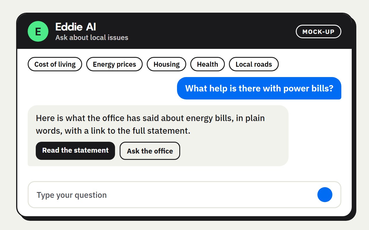 A mock-up of Eddie AI answering a question about power bills